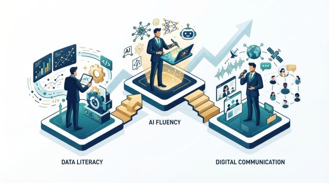Group of business leaders engaged in discussions about data literacy, AI fluency, and digital communication in a corporate setting.