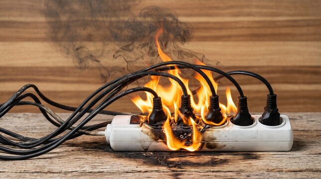 Overloaded power extension strip catching fire with electrical sparks, ideal for safety awareness and hazard concepts