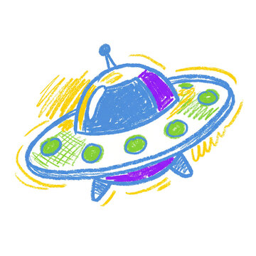 Whimsical Hand Drawn Flying Saucer Illustration Featuring A Vibrant Blue Spacecraft With Circular Green Portholes And Dynamic Motion Lines