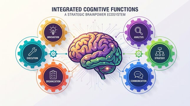 Brain illustration showing cognitive functions ecosystem