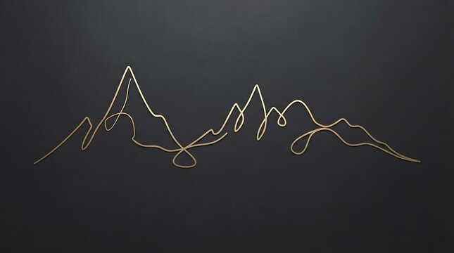 Gold line abstract mountain landscape drawing on dark background