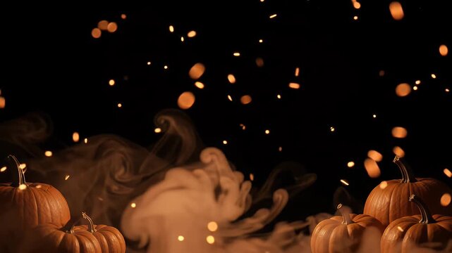 Spooky Orange Smoke and Embers with Pumpkins on Black Background - A dark, atmospheric scene featuring pumpkins in the lower corners, surrounded by wisps of orange smoke and floating embers.
