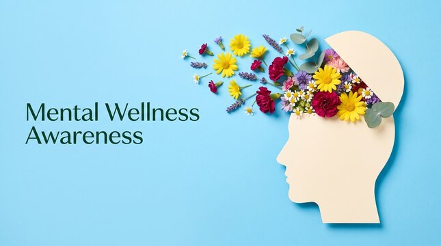 Mental wellness awareness with colorful flowers in head
