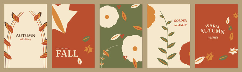 Obraz premium Autumn botanical poster and cover templates with layered foliage, drifting leaves and retro floral forms in burnt orange, cream and olive for cards, banners and fall decoration.