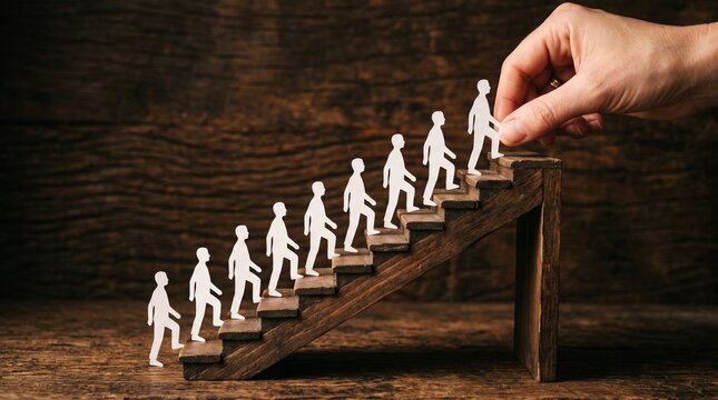 Hand pushing small figures up wooden stairs