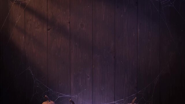 Halloween Spider Web Wood Background - This video features a dark wooden plank background with delicate spider webs in the upper corners.