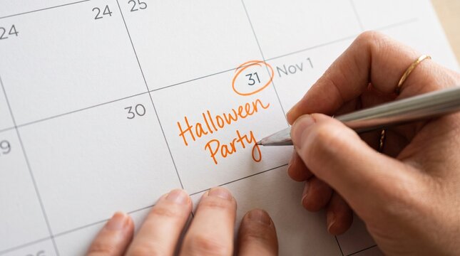 Person writing halloween party on calendar