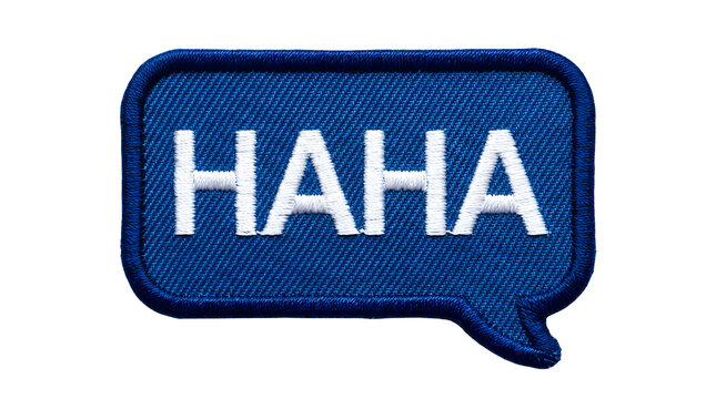 Rectangular blue embroidered speech bubble patch with a dark blue stitched border and bold white stitched text spelling HAHA in capital letters isolated against a clean solid white background surface