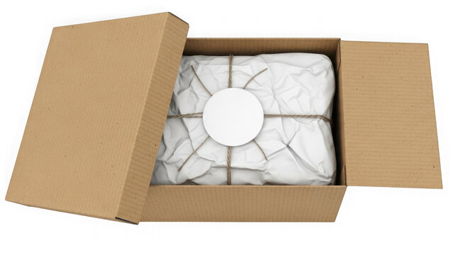 Open cardboard shipping box with wrapped parcel isolated on transparent background