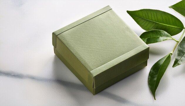 Premium Green Tea Organic Japanese Sencha Box In Sage And Cream Tones Natural Herbal Beverage Packaging Mockup On White Marble Stone With Fresh Leaves