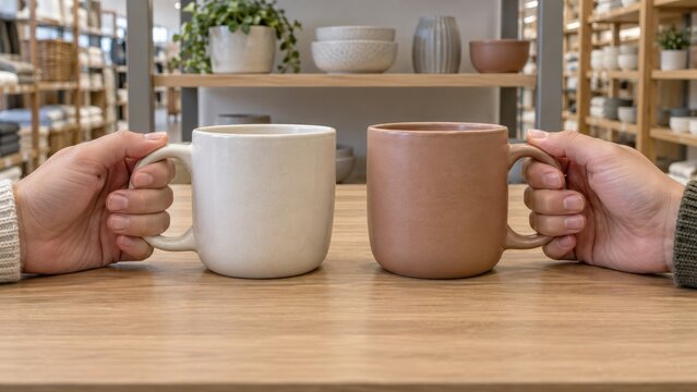 Hands compare the handles of two ceramic mugs resting on a low homewares table during a sensory friendly shopping visit focused on comfortable everyday choices