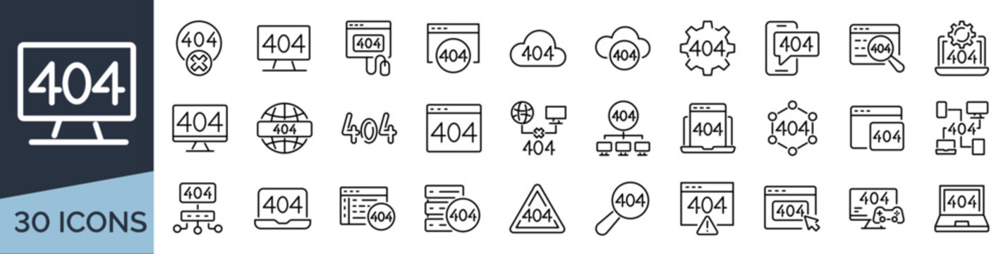 Set of 30 outline icons related to error 404. Linear icon collection. Editable stroke. Vector illustration