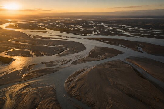 蛇行する水路が広がる河口デルタ、分岐する川と朝日に照らされた干潟の俯瞰風景