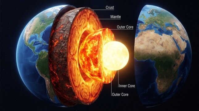 3D Cross Section Diagram of Planet Earth Showing Core Mantle and Crust