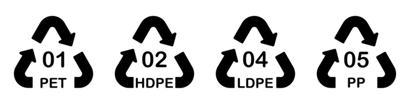 Recycling material codes 01 PET, 02 HDPE, 04 LDPE and 05 PP with recycle symbols for plastic identification, packaging labels, waste sorting and recycling systems.