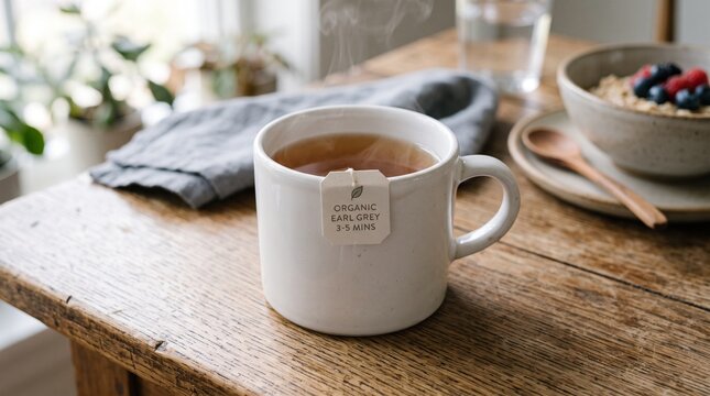 "A single tea bag string with a paper tab resting on the edge of a white mug, minimalist breakfast concept.