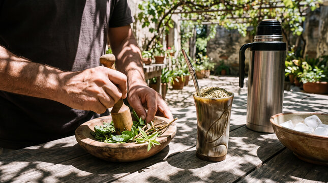 Man crushing fresh mint and verbena in a wooden mortar to prepare terere on a patio table