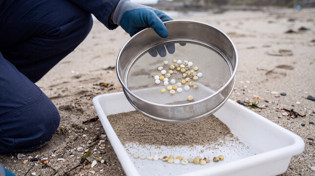 Volunteer using a metal sieve to collect plastic nurdle pellets from beach sand for an environmental survey.