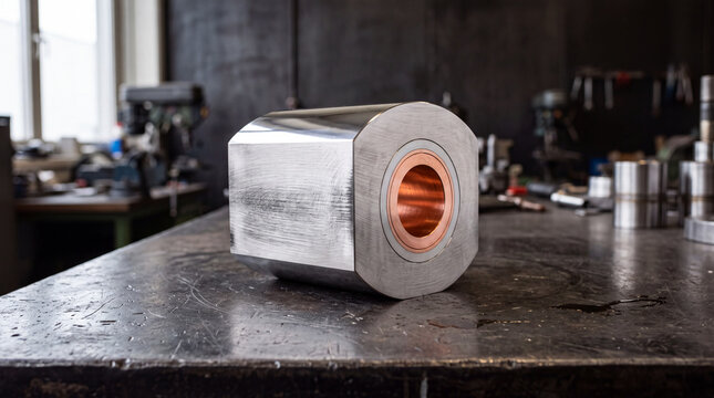 Precision machined tungsten divertor monoblock with a copper cooling tube on a steel workbench in an industrial facility.