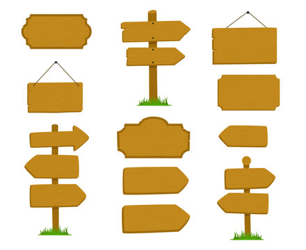 Multiple wooden signs and pointers are displayed against a white background.