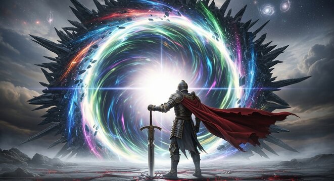 Knight Standing Before a Cosmic Portal