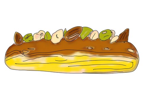 Hand drawn caramel eclair topped with mixed nuts illustration, French pastry watercolor food clipart