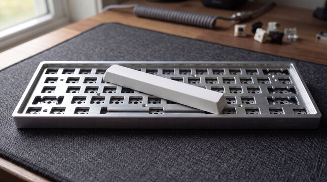 Milled aluminium keyboard case with a blank white spacebar resting on a grey desk mat.