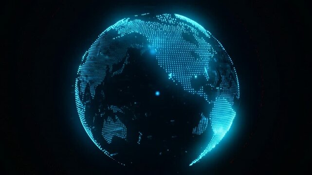 Glowing digital globe rotates against black. Neon world map sphere shows continents in cyan dots, creating futuristic network style with calm, high tech mood for global data and communication themes.