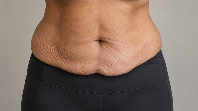 Close-up of a female abdomen showing stretch marks and loose skin on the belly.