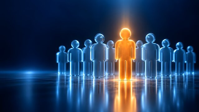Glowing Central Figure Standing Out From Crowd in Digital Glass Avatar Roster