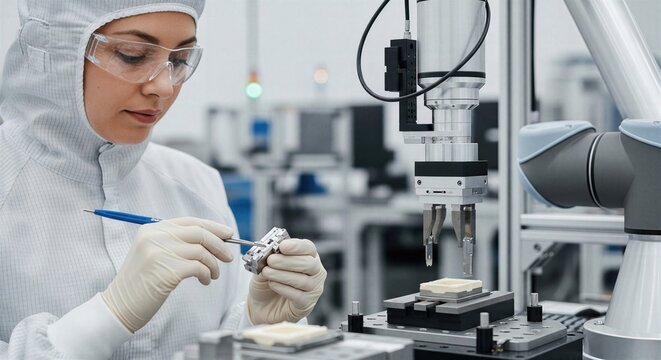 Human specialist assembling medical-grade device beside robotic tester illustrates collaborative production, repeatable validation and high-trust industrial quality workflow.
