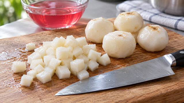 Diced water chestnuts on a wooden chopping board with a chef knife and red syrup for making tubtim krob