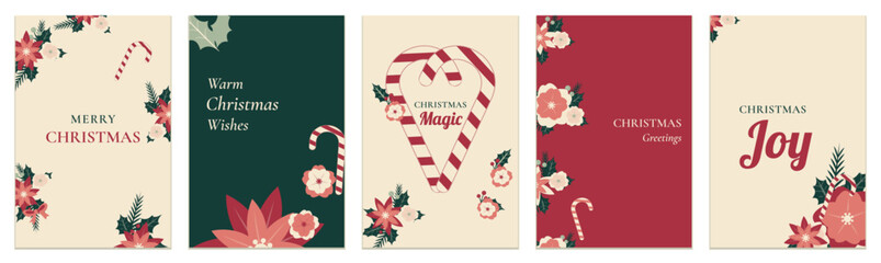 Obraz premium Modern festive floral Christmas invitation and card templates with poinsettia, hellebore, holly foliage, berries and candy cane accents, hand drawn flat vector holiday designs