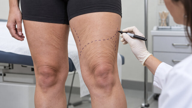 Plastic surgeon marking patient's leg for thigh lift or liposuction surgery in medical clinic
