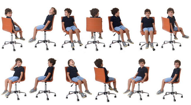 large group of same boy sitting on chair dressed in summer clothes on white bacground