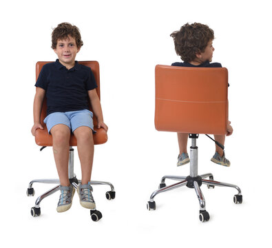 front and back  view of a same boy sitting on chair dressed in summer clothes on white bacground