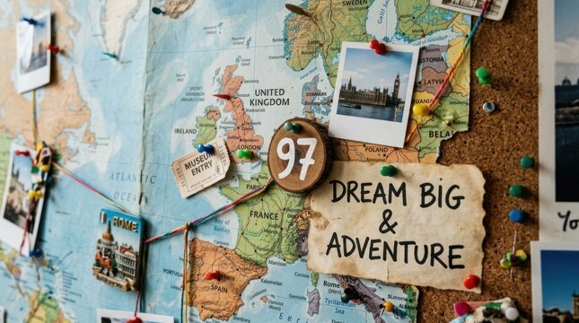 Close-up of a corkboard travel map of Europe featuring pinned photos of London, a Rome magnet, museum tickets, colorful string connections, and a Dream Big & Adventure handwritten note.