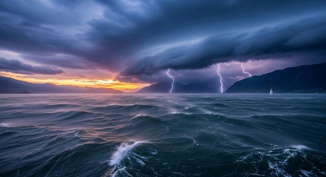Dramatic Lightning Storm Over Dark Choppy Ocean at Sunset