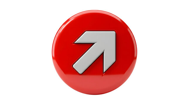 Glossy red circular button featuring a prominent raised light grey three-dimensional directional arrow symbol centered on its reflective surface, angled pointing up and to the right, isolated
