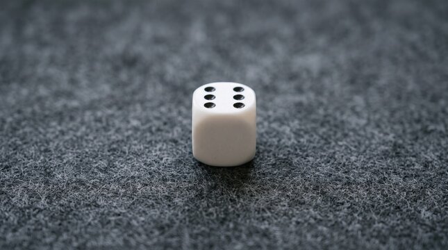 A single white gaming die with black dots showing a six, resting on a clean felt surface, minimalist gaming concept.