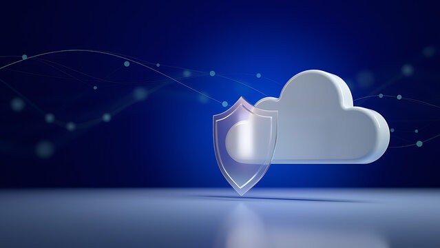 3D Cloud Computing Icon with Transparent Security Shield, Cloud Storage Data Protection and Cyber Security Concept