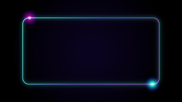 Neon glowing rectangular frame with moving light dots on dark background animation