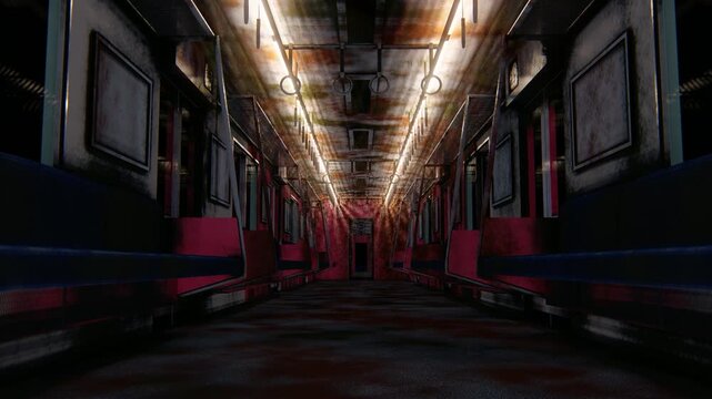 廃墟化した恐怖の電車内、錆びた車両の3DCGホラーアニメーション