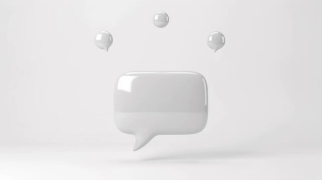 3D glossy speech bubble animation with floating notification icons on white background, chat communication