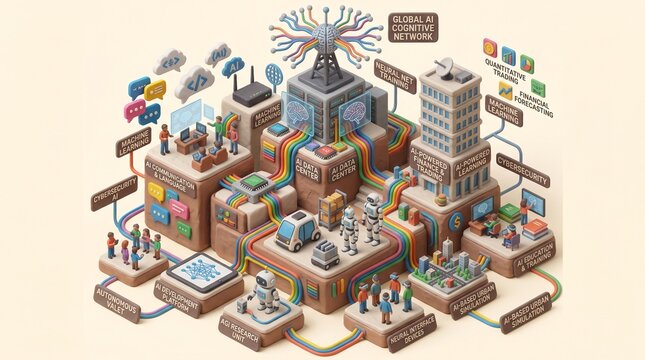 Isometric 3D AI smart city ecosystem with neural network data center robotics finance and cybersecurity infrastructure