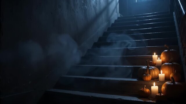 Halloween Pumpkins and Candles on Dark Stone Staircase with Smoke - A collection of carved pumpkins and lit candles are arranged on the lowest steps of a dark stone staircase.