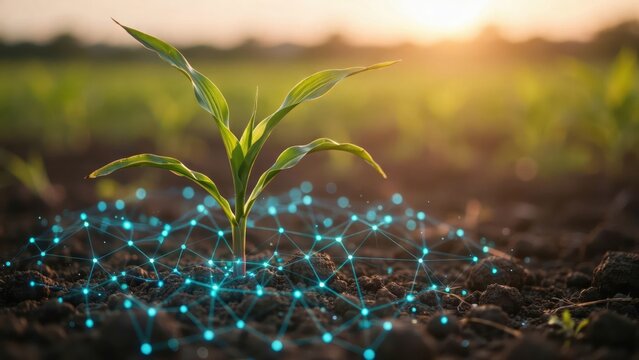 A young green sprout growing in rich soil connected with a glowing digital wireframe network. Great conceptual illustration for smart agriculture and sustainable farming technology.