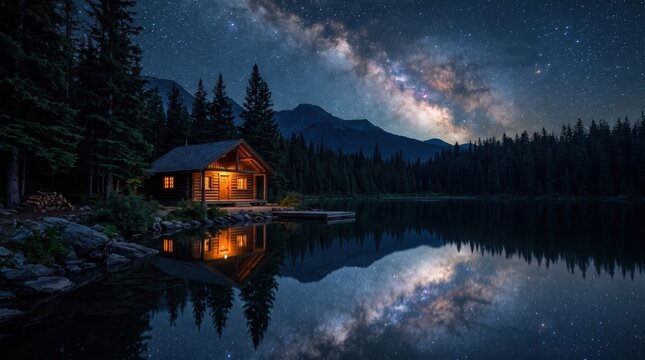 Cozy wooden cabin on a lake shore under a spectacular Milky Way starry night sky with water reflection