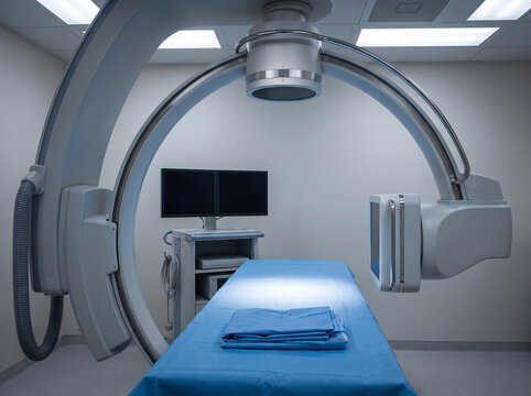 Mobile C Arm Fluoroscopy Machine Positioned Over Procedure Table in Interventional Imaging Suite With Cool Lighting