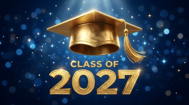 Golden graduation cap with the year 2027 against a dark blue sparkling background